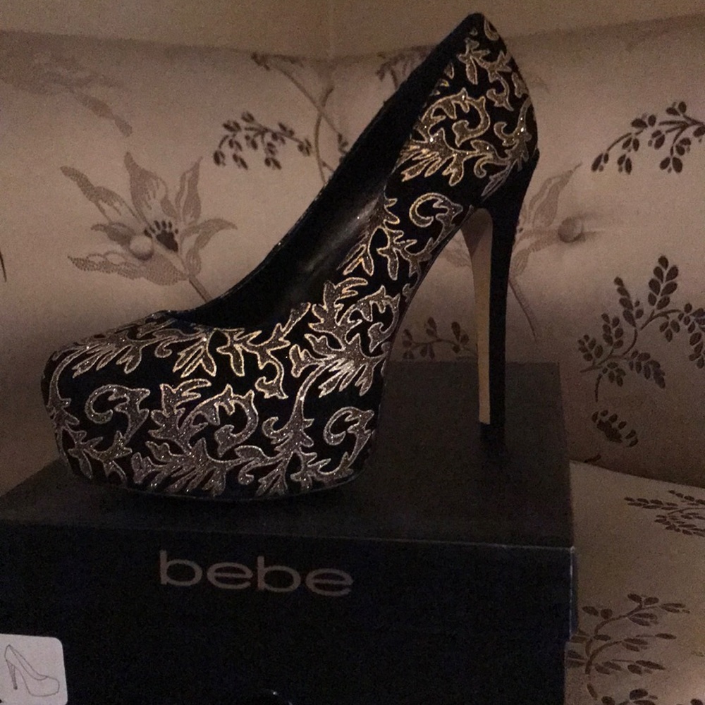 Black and Gold Brocade Heel BEBE